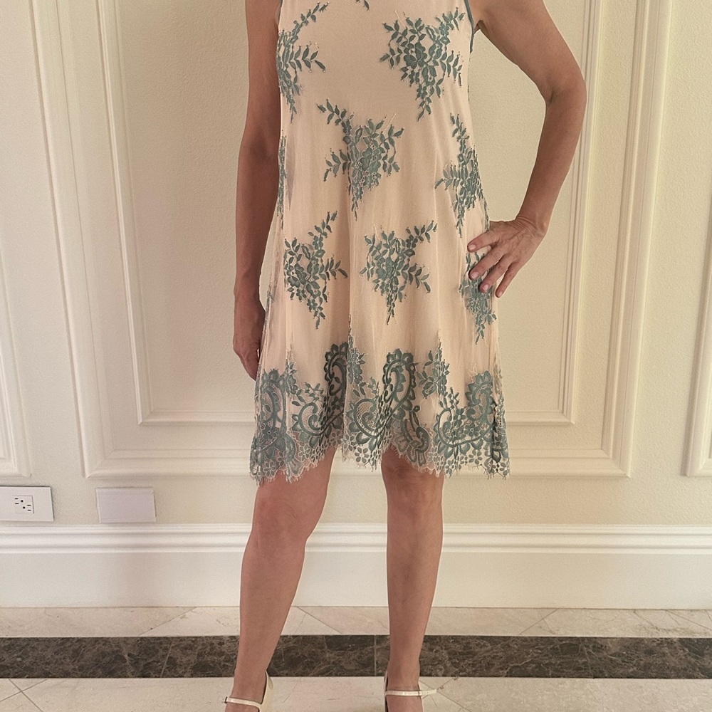 Max Studio Lace Embroidered A-Line Dress – Beige & Teal Floral Size S - Picture 2 of 14